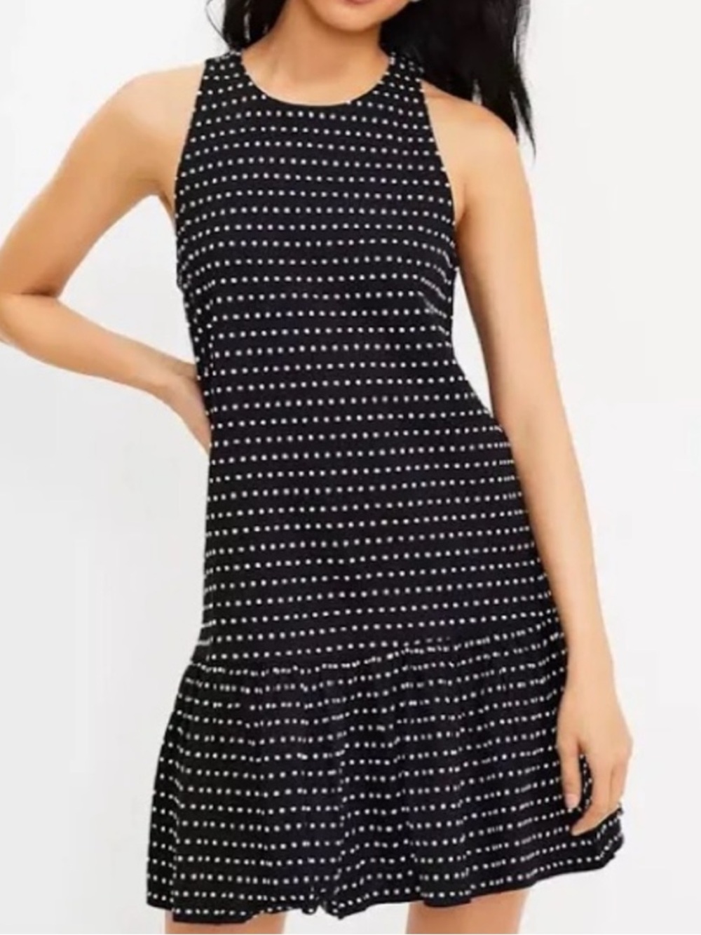 LOFT Black Polka Dot Flounce Sleeveless Mini Dress